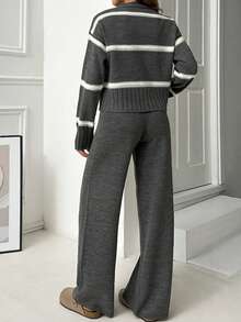 EURMUSE Women High Neck Striped Knit Sweater And Cozy Knit Sweater Pant 2pcs Set Co-Ords Knit Two Piece Set Grey Two Piece Set Two Piece Lounge Set Striped Two Piece Set Comfortable Two Piece Set,Winter Clothes - Dark Grey - View 7