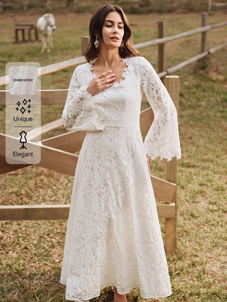 U-Neck Bell Sleeve Frill Trim A-Line Dress, Elegant Spring Outfit For Women