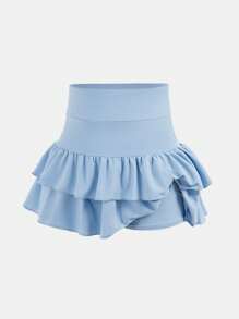 SHEIN Girlism Tween Girls Knitted Solid Color Cute Ruffle Layered Built-In Shorts Mini Skirt, Y2K, Fashionable & Unique - Baby Blue - View 5