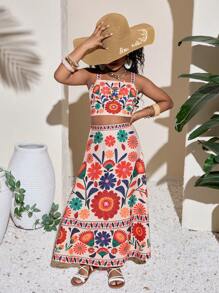 青春期女孩碎花吊带背心和迷你裙套装，度假休闲装 - 米色 - 查看 4