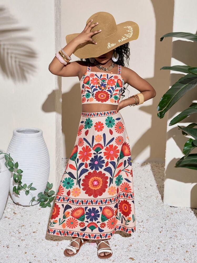 青春期女孩碎花吊带背心和迷你裙套装，度假休闲装 - 米色 - 查看 4