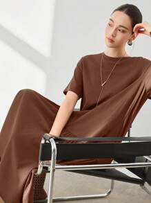 Dazy-Less 女士夏季宽松休闲拼接直筒中长连衣裙 商务休闲女装 - 棕色 - 查看 2