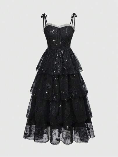 Goth Music Festival Party Outfit, Women's Beaded Embroidery Fitted A-Line Dress
