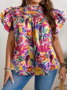 SHEIN LUNE Plus Size Ruffle Trim Casual Tops, Valentine Day Vacation Summer Going Out Tops,Business Casual,Cute Blouses,Office Beach Holiday - Multicolor - View 1