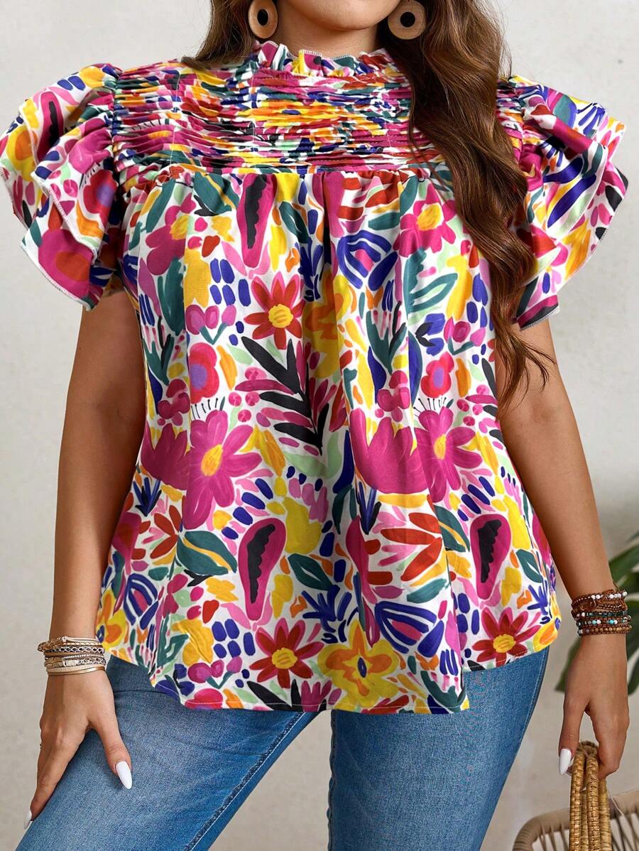 SHEIN LUNE Plus Size Ruffle Trim Casual Tops, Valentine Day Vacation Summer Going Out Tops,Business Casual,Cute Blouses,Office Beach Holiday - Multicolor - View 1