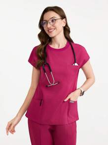 Scrubzie Women's Solid Color Round Neck Short Sleeve Pocket Casual /Nursing Scrub Top