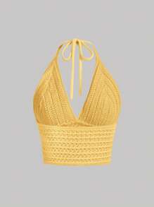 SHEIN MOD Neck-Tie Waist Soft Knitted Top, Suitable For Music Festival And Beach,Halter Tops - Yellow - View 2