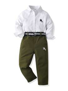 SHEIN 2件套年轻男孩骑士印花长袖衬衫和裤子绅士套装 - 軍綠色 - 查看 3