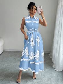 Chiquease Sleeveless Collar Cinched Waist A-Line Digital Print Mini Dress - Blue - View 5