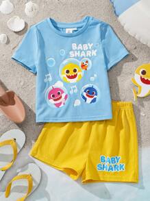 BABY SHARK X SHEIN Baby Boy Cartoon Shark Print Blue Casual Cute Short Sleeve T-Shirt And Yellow Loose Shorts Set