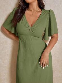 Elaquor Plus Size Casual & Elegant V-Neck Waist Gathered A-Line Dress, Suitable For Vacation,Summer Outfits For Women,Sun Dresses For Women - Green - View 2