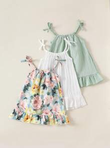 SHEIN Bộ 3 váy mùa hè cho bé gái, váy kẻ sọc và dây nơ màu trơn, thích hợp mặc thường ngày, váy dành riêng cho bé gái - Nhiều màu - Xem 2