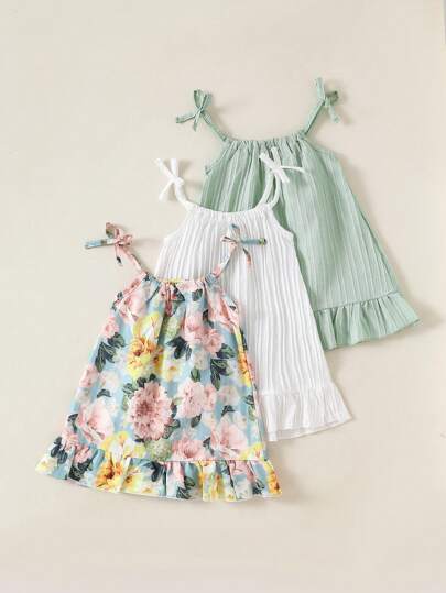 SHEIN Bộ 3 váy mùa hè cho bé gái, váy kẻ sọc và dây nơ màu trơn, thích hợp mặc thường ngày, váy dành riêng cho bé gái