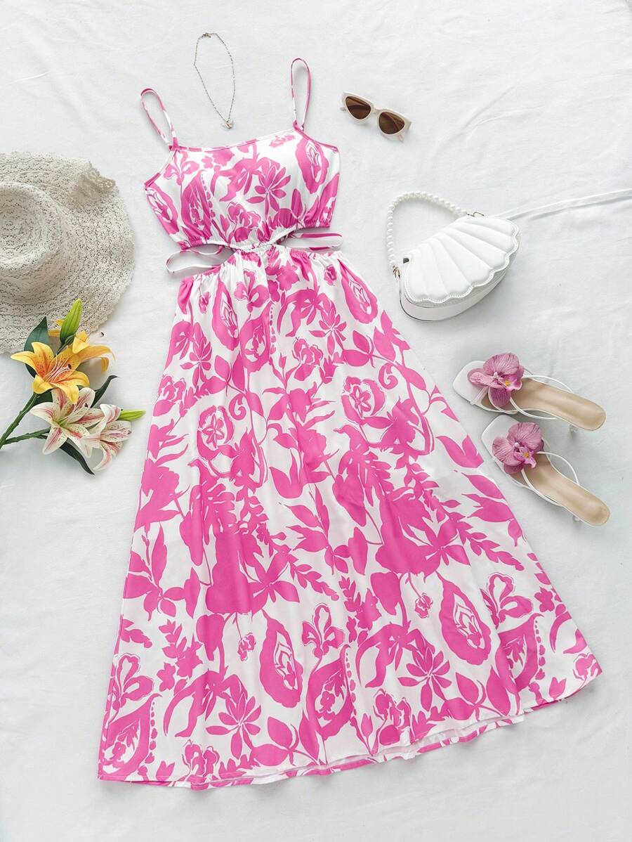 Soleia Women's Vacation Loose Fit Floral Print Hollow Out Waist Long Swing Dress, Suitable For Summer, Christmas, Party, Valentine's Day, Date, Afternoon Tea - Multicolor - View 1