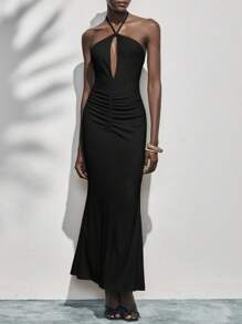 Lumivelle 全新优雅荷叶边细肩带连衣裙，高品质镂空露背修身长款雪纺连衣裙