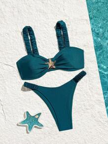 Swim Vcay Springbreak New Solid Color Ruched Thick Strap Metal Starfish High Cut Women Beach Swimsuit Set For Summer Beach Vacation