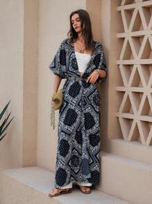 SHEIN LUNE Mùa hè mới Phong cách đồng quê miền Tây nước Mỹ Áo dài in họa tiết hoa đen Bohemian Ngày của Mẹ Áo boho Boho Chic Kỳ nghỉ - màu đen - Xem 2