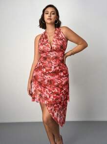 SHEIN Tall CURVE Đầm cổ yếm in hoa cỡ lớn cho nữ, dáng xòe bất đối xứng, đi nghỉ - Đỏ - Xem 5