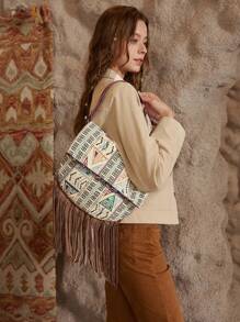 SHECARRY Women's Geometric Pattern Bohemian Style Tassel Hem Fashion Shoulder Bag