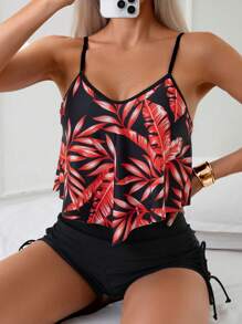 Swim Lushoire Printed Crop Top Bikini With Ruffle Trim - Red - View 4