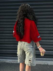 SHEIN EZwear 女士休闲 V 领宽松短款 5 袖网眼 T 恤，适合夏季和运动比赛，数字 01 印花