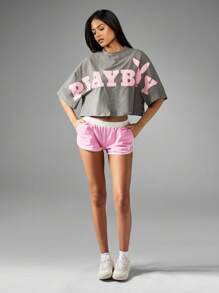 Missguided x Playboy 超大短款 T 恤都市街头运动休闲家居服复古标志短袖棉混纺休闲夏季春季时尚个性上衣 - 深灰色 - 查看 4