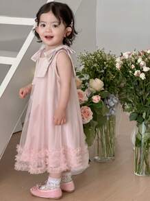 DAZY Baby Girl Bowknot Bandage Mesh Summer Elegant Sleeveless Dress - Dusty Pink - View 2