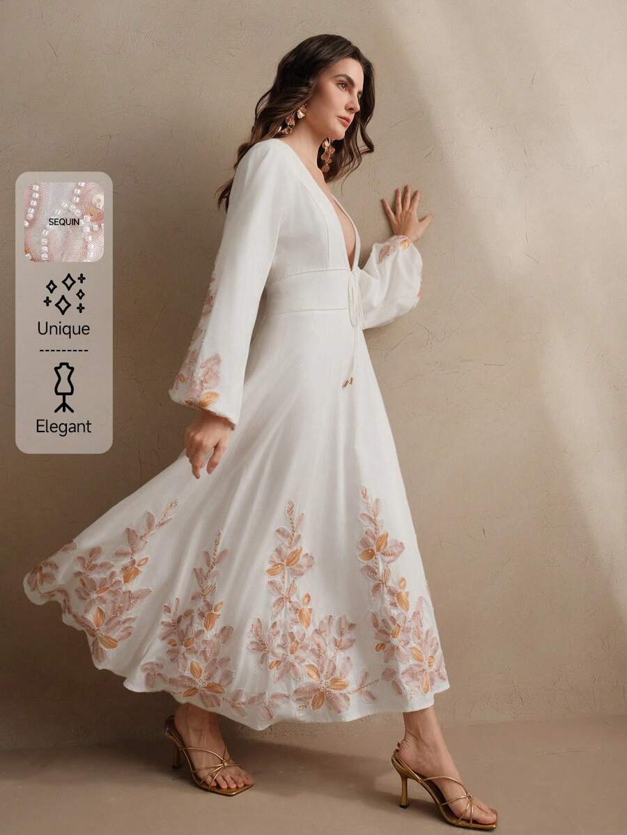 Anewsta 长袖深 V 领珍珠点缀白色派对礼服，优雅情人节，女士春季服装 - 白色 - 查看 1