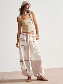 Bohemela Pantalones de pierna ancha de punto remiendados de cintura baja estilo boho casual de vacaciones para mujeres