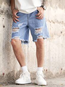 Manfinity Homme Quần short denim thô, sờn rách, chất liệu cotton rộng rãi cho nam, phong cách Emo - Rửa nhẹ - Xem 7