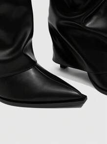 CUCCOO SZL 性感时尚褶皱紧身及膝高筒靴，黑色尖头侧拉链女式高筒靴 - 黑色 - 查看 12