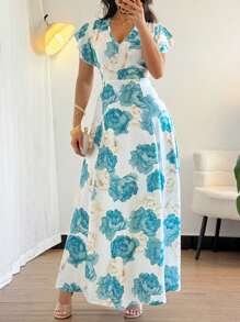 SHEIN VCAY Women's Floral Print Ruffle V Neck Maxi Dress , Spring & Summer - Green - View 1