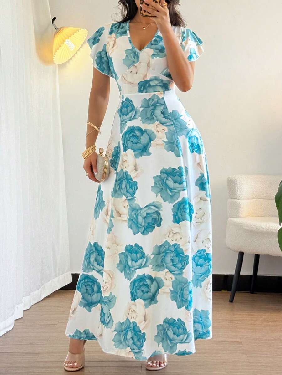 SHEIN VCAY Women's Floral Print Ruffle V Neck Maxi Dress , Spring & Summer - Green - View 1