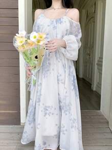 DAZY Vestido de manga larga con estampado floral elegante para mujer, primavera/verano