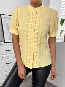 Chiquease Women's Two-Tone Ruffle Trim Textured Fabric Short Puff Sleeve Shirt - Yellow - View 7