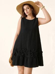 SHEIN LUNE Plus Size Casual Solid Color 3D Flower Decor Sleeveless Dress, Suitable For Vacation - Black - View 1