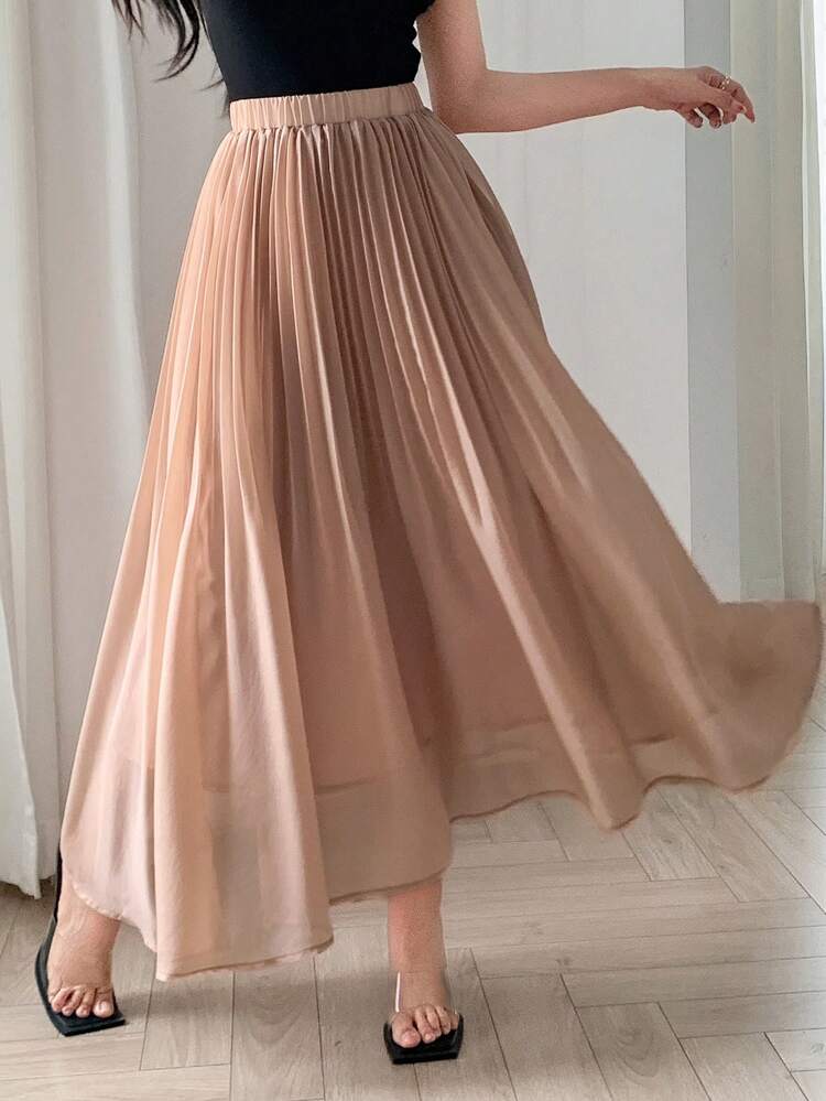 Saia Plissada de Cintura Elástica em Cor Sólida, Saias de Outono para Mulheres