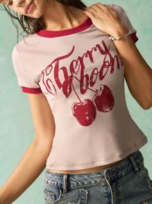 Bohemela 夏季波西米亚风音乐节复活节休闲撞色饰边樱桃印花短袖女式T恤 - 淺粉色 - 查看 2