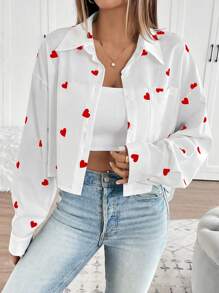 Calvaya Women's Valentine's Day Heart Print Front Short Back Long Shirt Fall Cloth For Women - Red and White - View 3