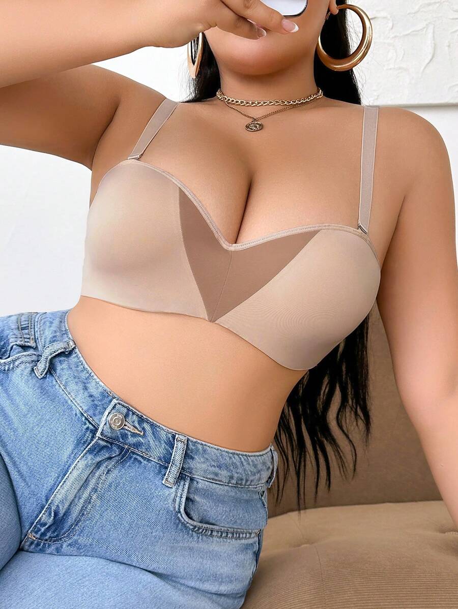 Dây đeo có thể tháo rời 2 cách mặc Áo ngực trơn bóng thoải mái & Áo ngực không dây cho phụ nữ ngoại cỡ - Màu be - Xem 1