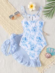 SHEIN 女童休闲可爱碎花镂空泳衣（含围巾） - 淺藍色 - 查看 3