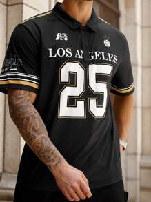 Manfinity Homme 大码男式字母数字图案短袖 Polo 衫