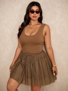 Elaquor Plus Size Women Casual Frill Trim Round Neck Sleeveless Dress - Coffee Brown - View 1