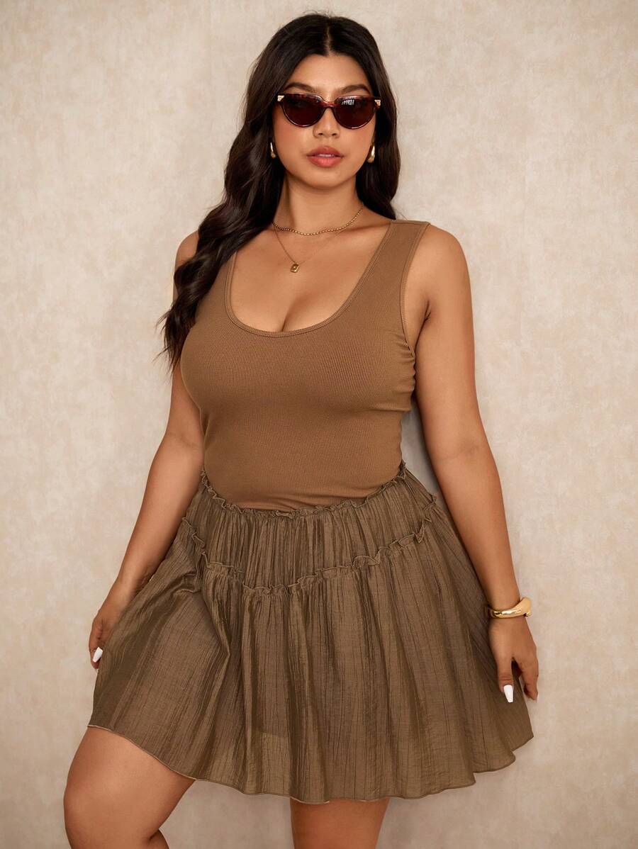 Elaquor Plus Size Women Casual Frill Trim Round Neck Sleeveless Dress - Coffee Brown - View 1