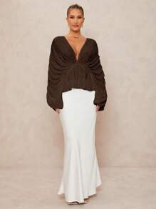 Lumalex 女式宽松深V领超大荷叶边下摆衬衫 - 巧克力棕 - 查看 7