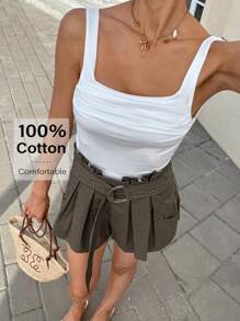 SHEIN Essnce Damen einfarbige modische Shorts, geeignet für den Sommer - Armeegrün - Übersicht 6