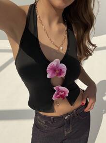 Aloruh Deep V-Neck Hollow Out Backless Halter Sexy Cropped Camisole Top For Vacation - Black - View 1