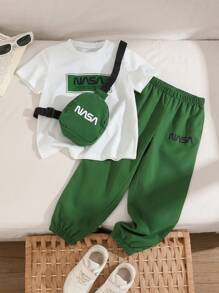 SHEIN 3pcs Set Young Boy Graphics Knit T-Shirt And Shorts With Bag - Multicolor - View 3