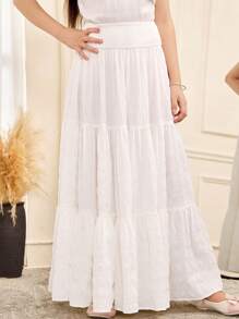 SHEIN Tween Girls' White Layered Ruffled Maxi Skirt, Casual Holiday Wear - White - View 6