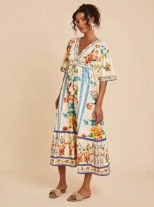 Travachic Woven Print Short Sleeve V-Neck Dress For Women Work Summer Dresses Women Dresses Elegant Gown Women Summer Clothing Woman S Summer Clothes Women Short Dresses Summer - Multicolor - View 3